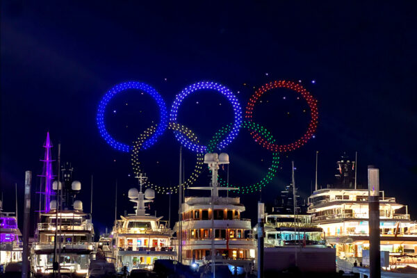 Olympic rings formed by luminous drones Drone Show Monaco 2024