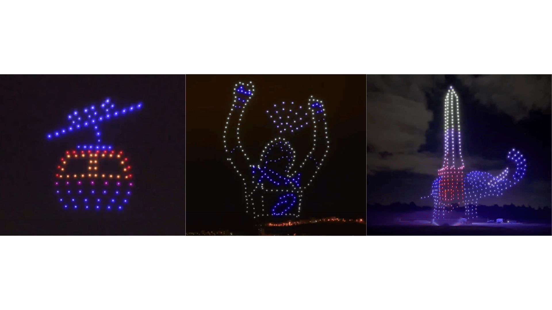 formes faites par des drones lumineux dans le ciel nocturne