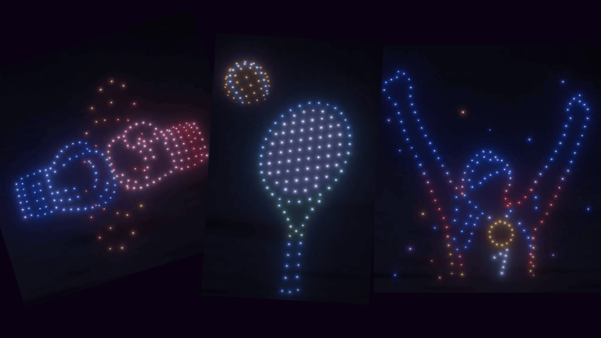 formes de jeux olympiques lors d'un spectacle de drones à Chateauroux